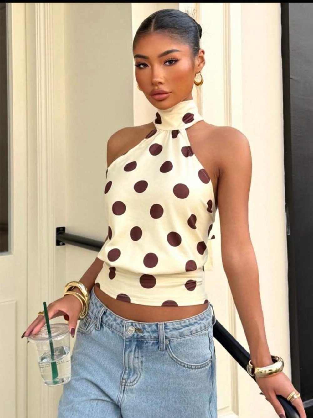 Sleeveless High-Neck Polka Dot Tank Top - Cream/Brown